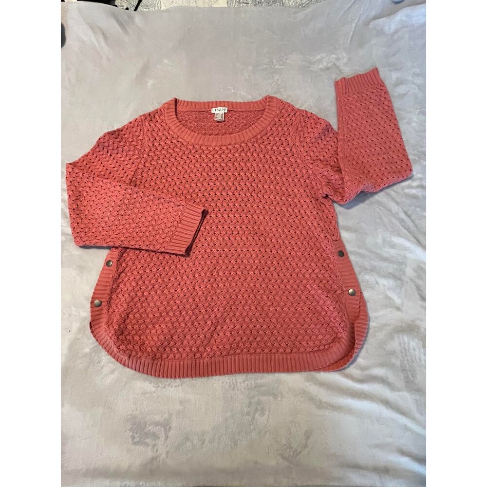 Venus Tulip Button Hem Sweater Crew Neck Coral Split Side Open Weave Sz XL 16